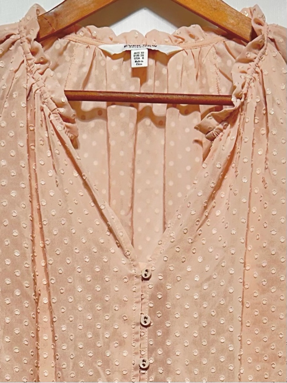 EVER NEW | Peach Blush Gold Metallic Dot Ruffle Coquette Poetcore Blouse Boho - Picture 10 of 10